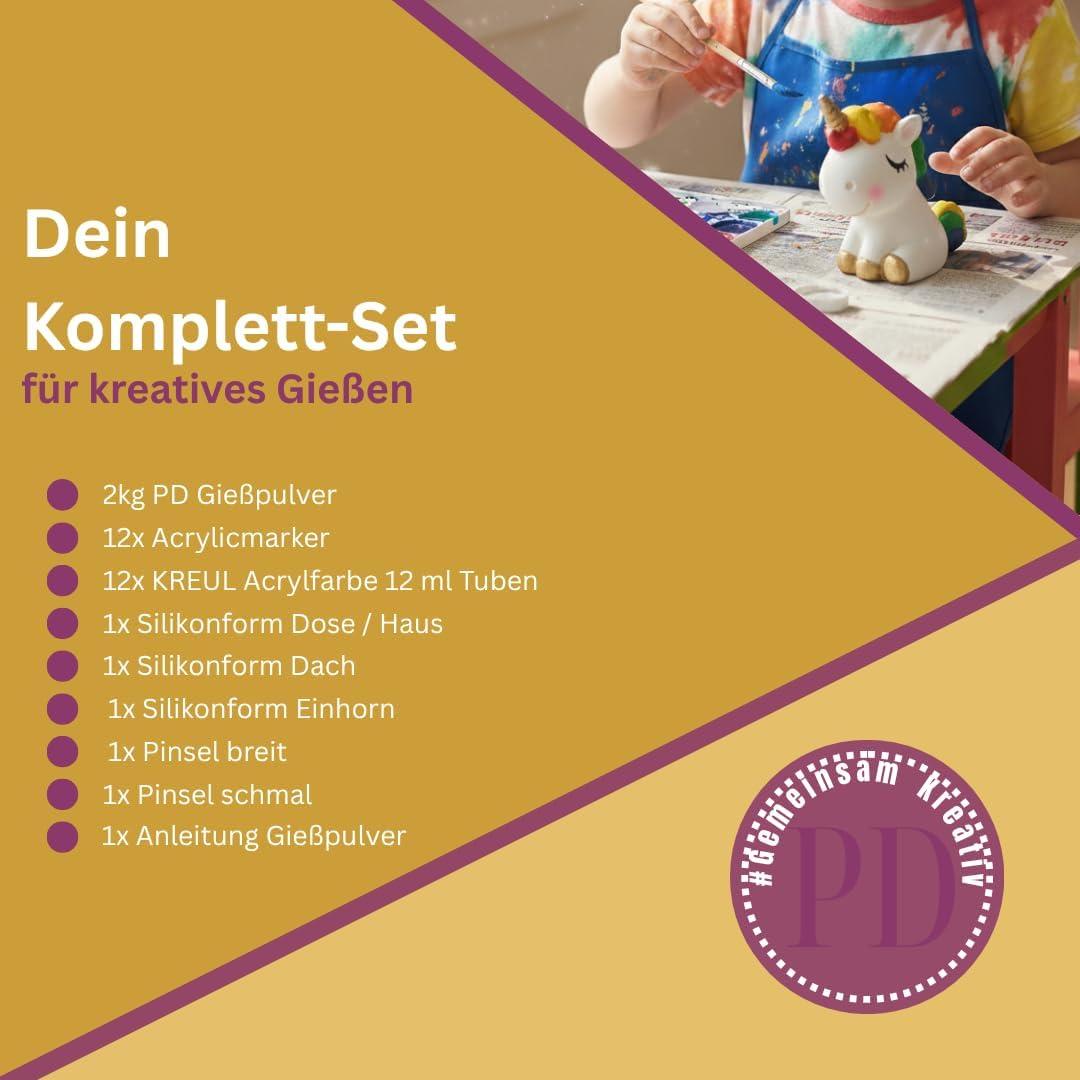 Giesspulver Starterset für Kids- Silikonform Feenhaus & Einhorn, 2kg PD Giesspulver weiss, 12x Acryl