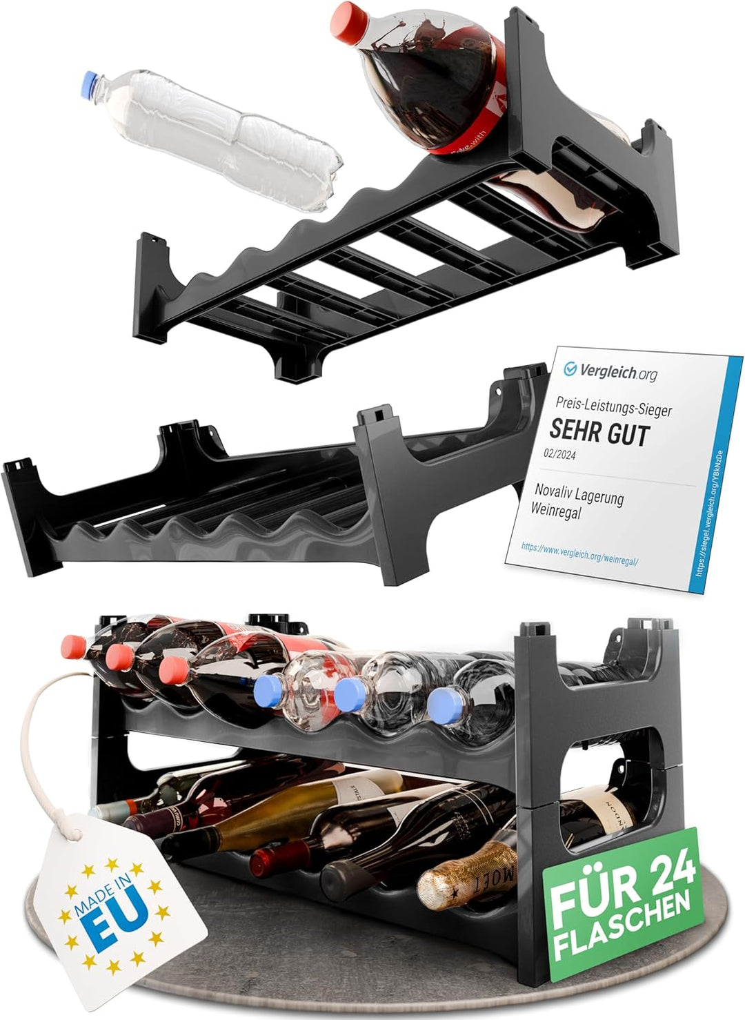 Novaliv Flaschenregal für 24 Flaschen | Weinregal grau | Regal aus stabilem Kunststoff, stapelbar (A