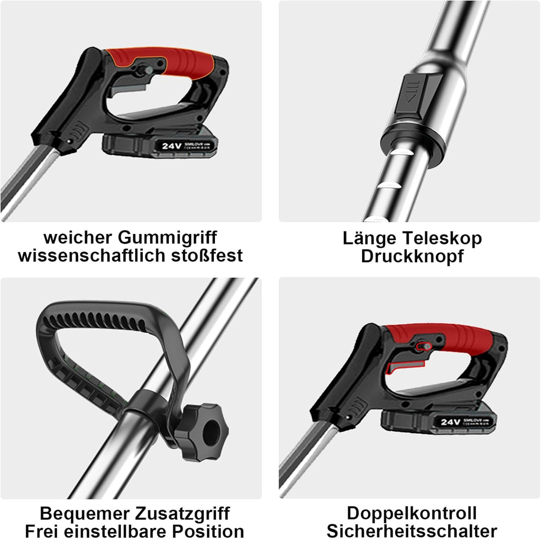 SMILOVII Rasentrimmer Mit Akku, Motorsense akku Mit 2x2000mAh Batterie, 6X Metallklinge & 10x Kunsts