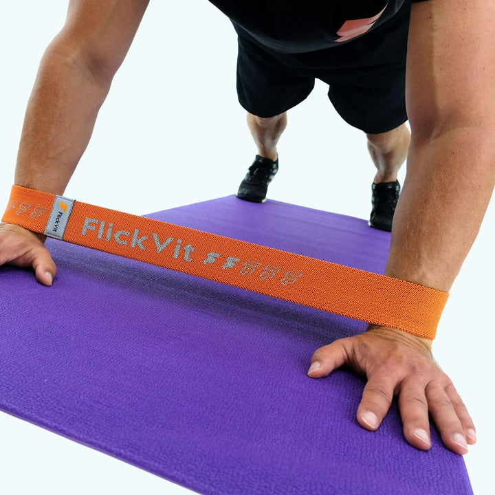 FlickVit Fitnessbänder 4er Set- Beginner (2 & 3) inkl. Tragebeutel, Fitnessband Stoff, Klimmzugband,