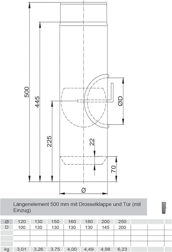 Rauchrohr/Ofenrohr 500mm, Ø120mm mit Drosselklappe/Reinigungsöffnung
