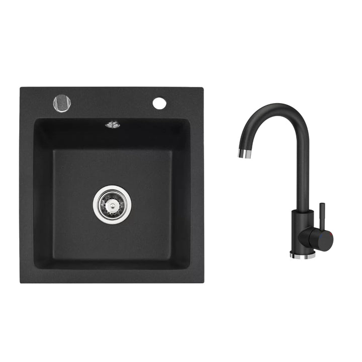 VBChome Granitspüle 50 x 48 cm Schwarz mit Armatur Einzelbecken Einbauspüle Gesprenkelt Pflegeleicht