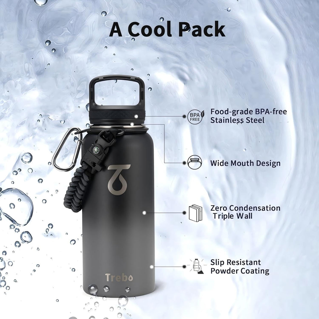 Trebo Isolierte Wasserflasche mit Paracord-Griff und 3 Deckeln, auslaufsicherer Vakuum-Wasserkrug au