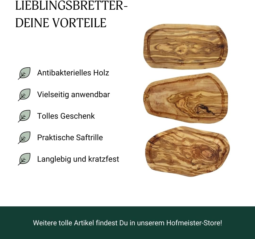 2x HOFMEISTER® Schneidebrett Saftrille Olivenholz - praktisches Set aus zwei Brettern aus Olive mit