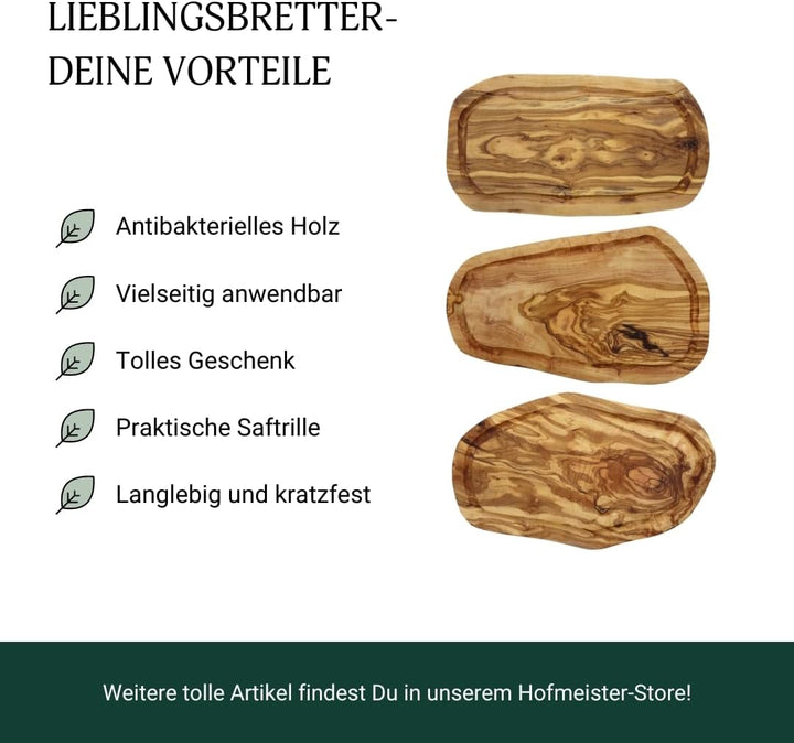 2x HOFMEISTER® Schneidebrett Saftrille Olivenholz - praktisches Set aus zwei Brettern aus Olive mit