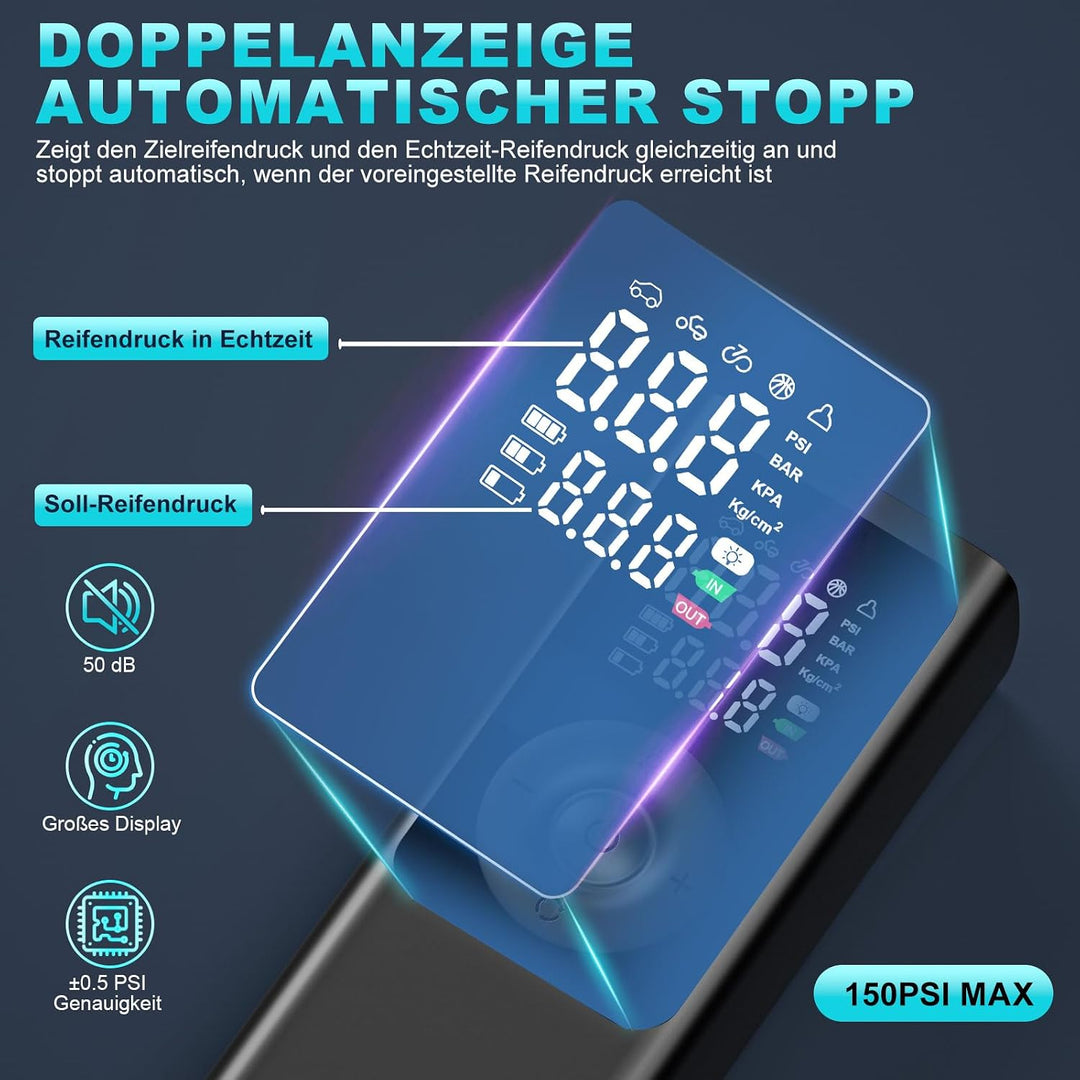 Elektrische Luftpumpe -Akku Luftpumpe Kompressor Akku Pump Electric 150PSI 10000mAh Tragbarer Akku K