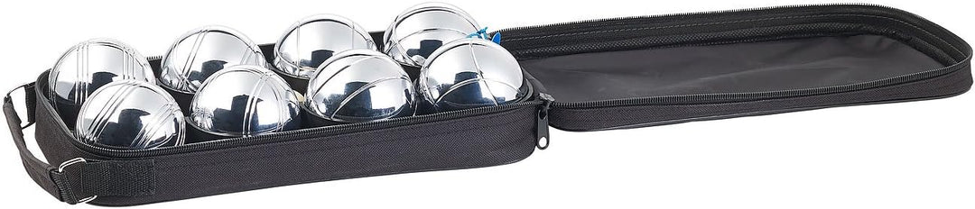 PEARL Boule Kugeln: Boule- & Boccia-Spiel: 8 Metall-, 1 Holz-Kugel, Abstandsmesser, Tasche (Boccia K