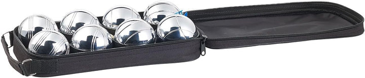PEARL Boule Kugeln: Boule- & Boccia-Spiel: 8 Metall-, 1 Holz-Kugel, Abstandsmesser, Tasche (Boccia K