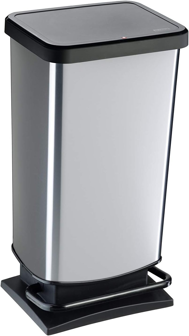 Rotho Paso Mülleimer 40l mit Pedal und Deckel, Kunststoff (PP) BPA-frei, silber metallic, 40 Liter (