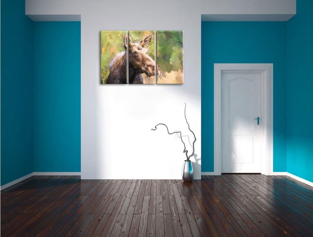 Pixxprint Elch im Wald Kunst als Leinwandbild/Grösse: 3 Teilig (120x80) / Wandbild/Kunstdruck/fertig