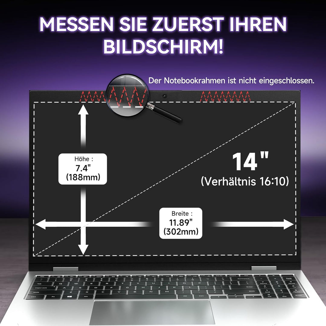 Blickschutzfolie für Laptop 14 Zoll 16:10, Anti Glare &amp; Blaulichtfilternd, Mit Randseitigen Klebestr