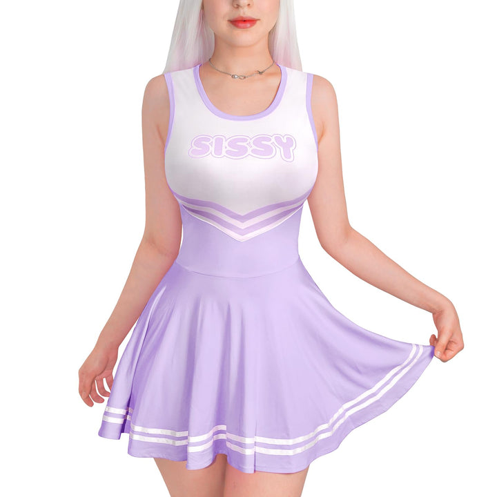 LittleForBig Damen Seidiger Ärmellose Overall Cheer Sissy Bodycon Mini Kleid Rock M Lila, M Lila