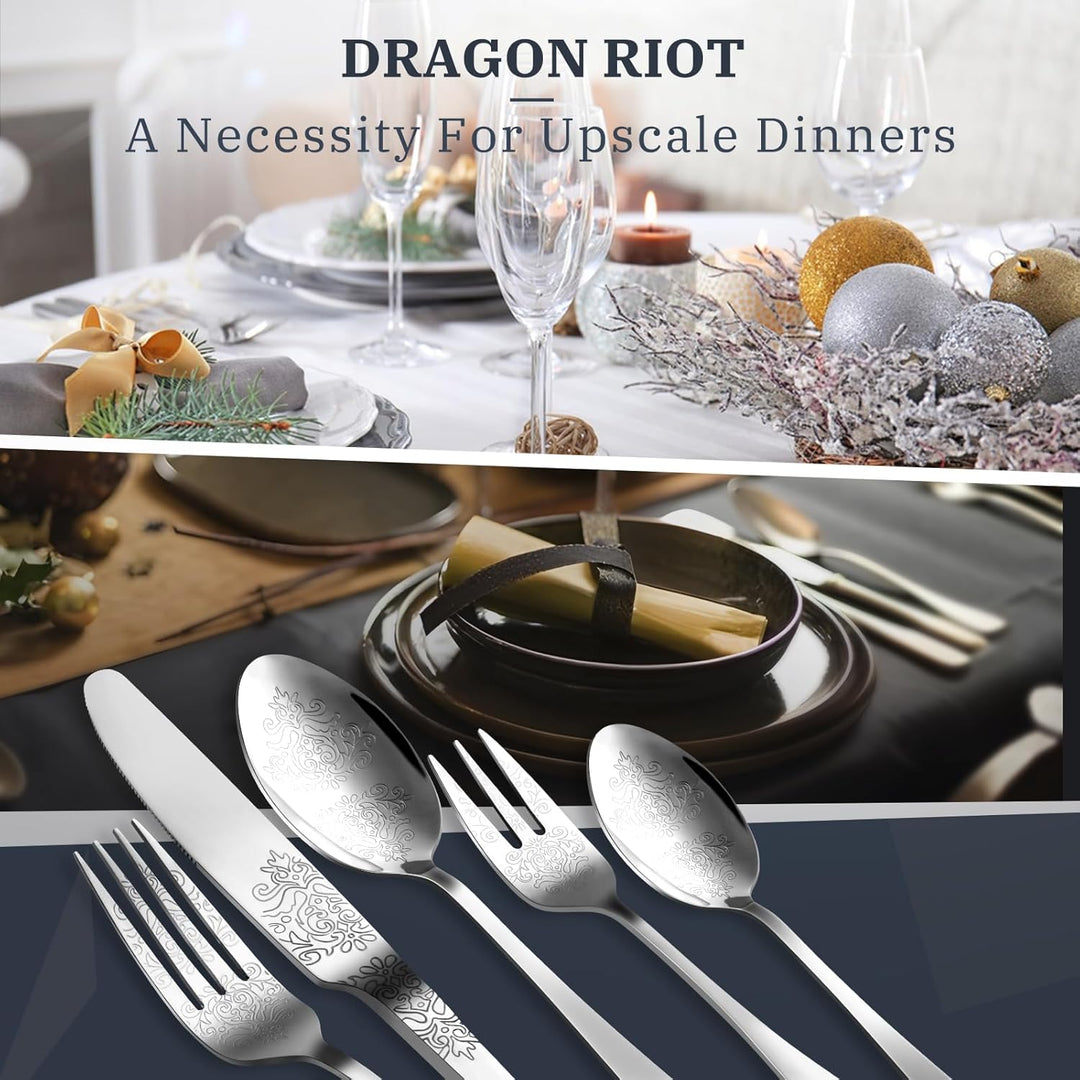 DRAGON RIOT Besteck Set 6 Personen - 30 teilig Edelstahl Besteckset, Silberbesteck mit Messer Gabel