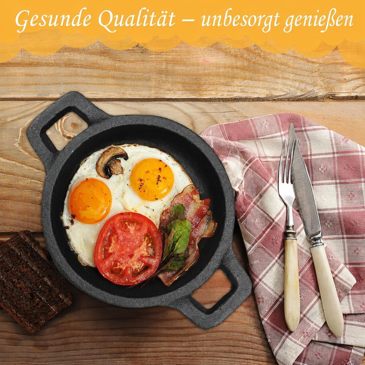 4er Set Mini Gusseisen Grillpfännchen, 11 cm Kleine Servierpfanne mit Griff, Rund Preseasoned Gussei