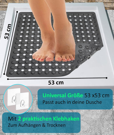 Blumbach® Duschmatte rutschfest 53x53cm - 100% BPA-frei - Inkl. 2 Haken zum Aufhängen - griffige Ant