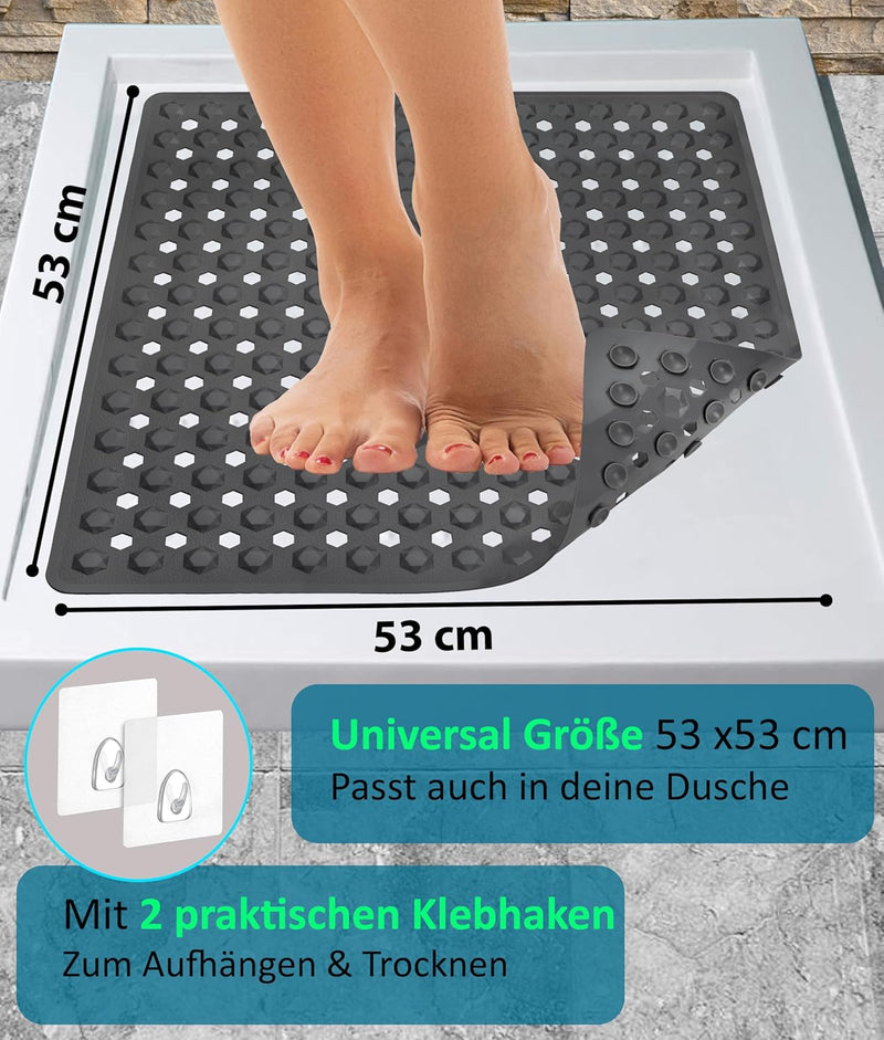 Blumbach® Duschmatte rutschfest 53x53cm - 100% BPA-frei - Inkl. 2 Haken zum Aufhängen - griffige Ant
