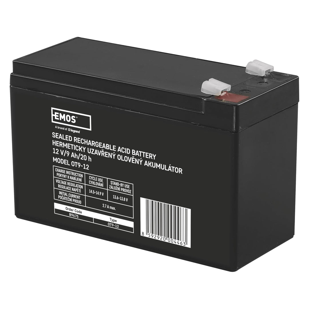 EMOS - Wartungsfreier Bleiakku - 12V 9Ah - AGM Batterie - Faston 6,3mm Anschluss - Für USV-Geräte -