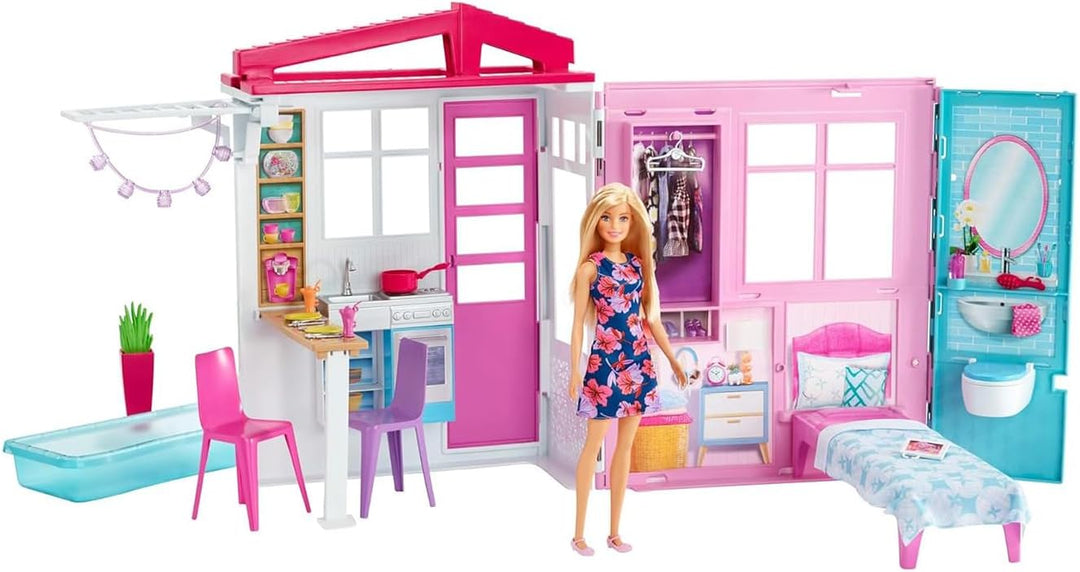 Barbie-Haus mit Küche, Schlafzimmer, Badezimmer, Pool, komplett eingerichtet Möbeln, verschliessbar
