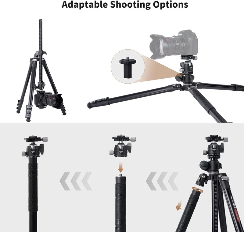 Cayer 72.5" Camera Tripod with Multi-Angle Center Column, Horizontal Tripod Monopod with Ball Head,