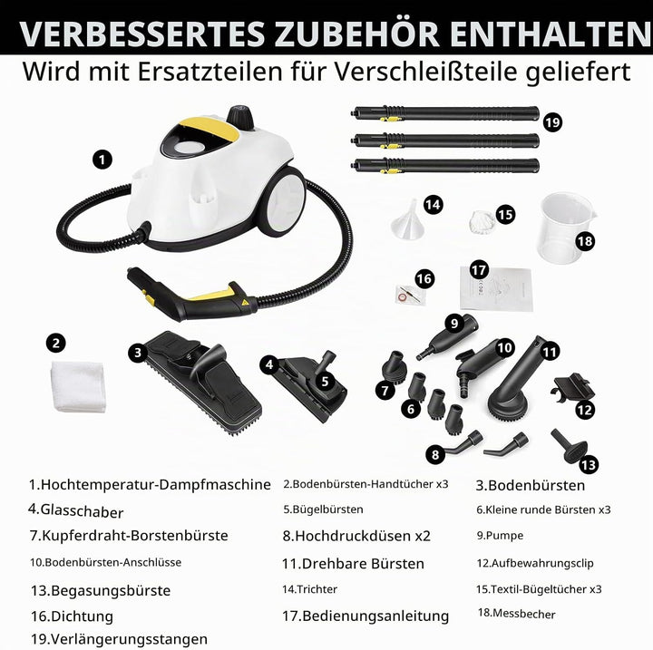 Upgrade 2100W Dampfreiniger mit 29 Zubehör, Mehrzweck Handdampfgerät mit 2,1L Tank, 5 Bar Dampfdruck