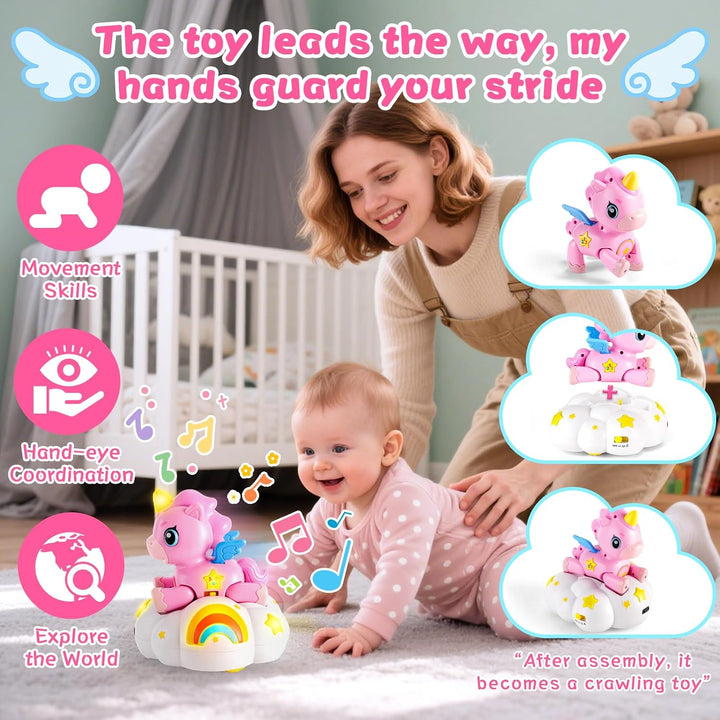 2-in-1 Einhorn Wolken Baby Spielzeug mit 3 Entwicklungsstufen für Tummy Time,Krabbeln mit Licht &amp; Mu