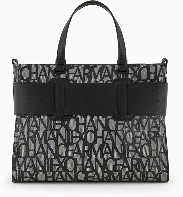 Armani Exchange Women's Large Logo Placket Satchel Bag Big Tote, Beige/Black