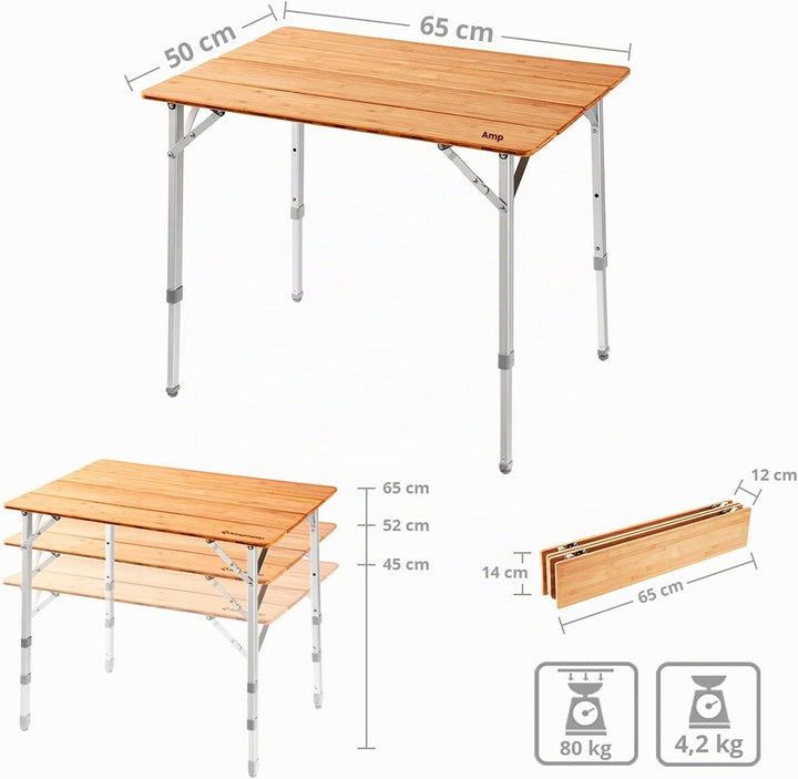 KingCamp Bambus Falt Tisch Camping Klapptisch Garten Alu Holz 3Höhen Verstellbar