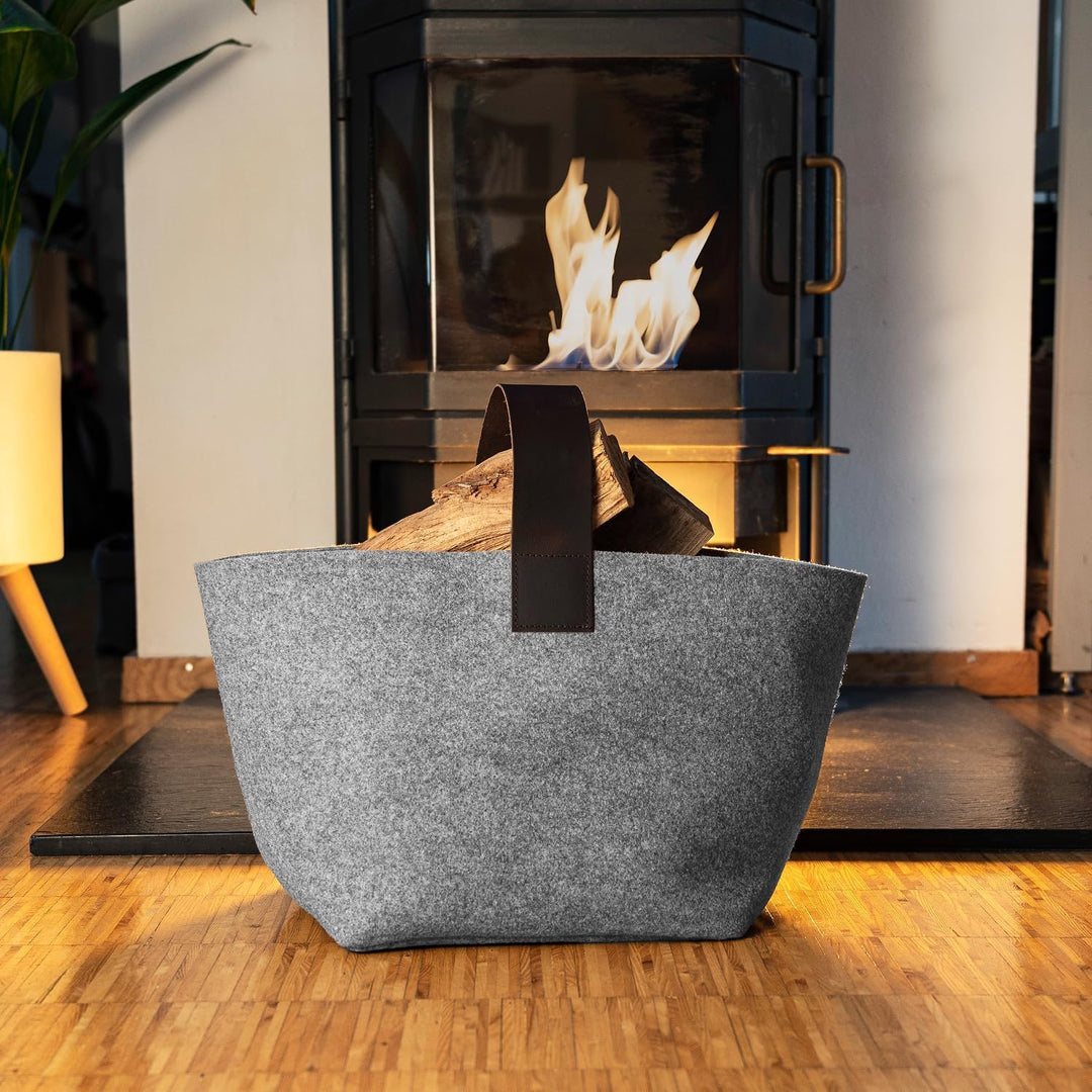 Designer Kaminholzkorb Filz [40L] - Made in Germany Holzkorb für Kaminholz aus Wollfilz mit Echtlede