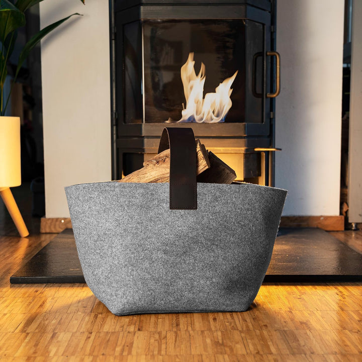 Designer Kaminholzkorb Filz [40L] - Made in Germany Holzkorb für Kaminholz aus Wollfilz mit Echtlede
