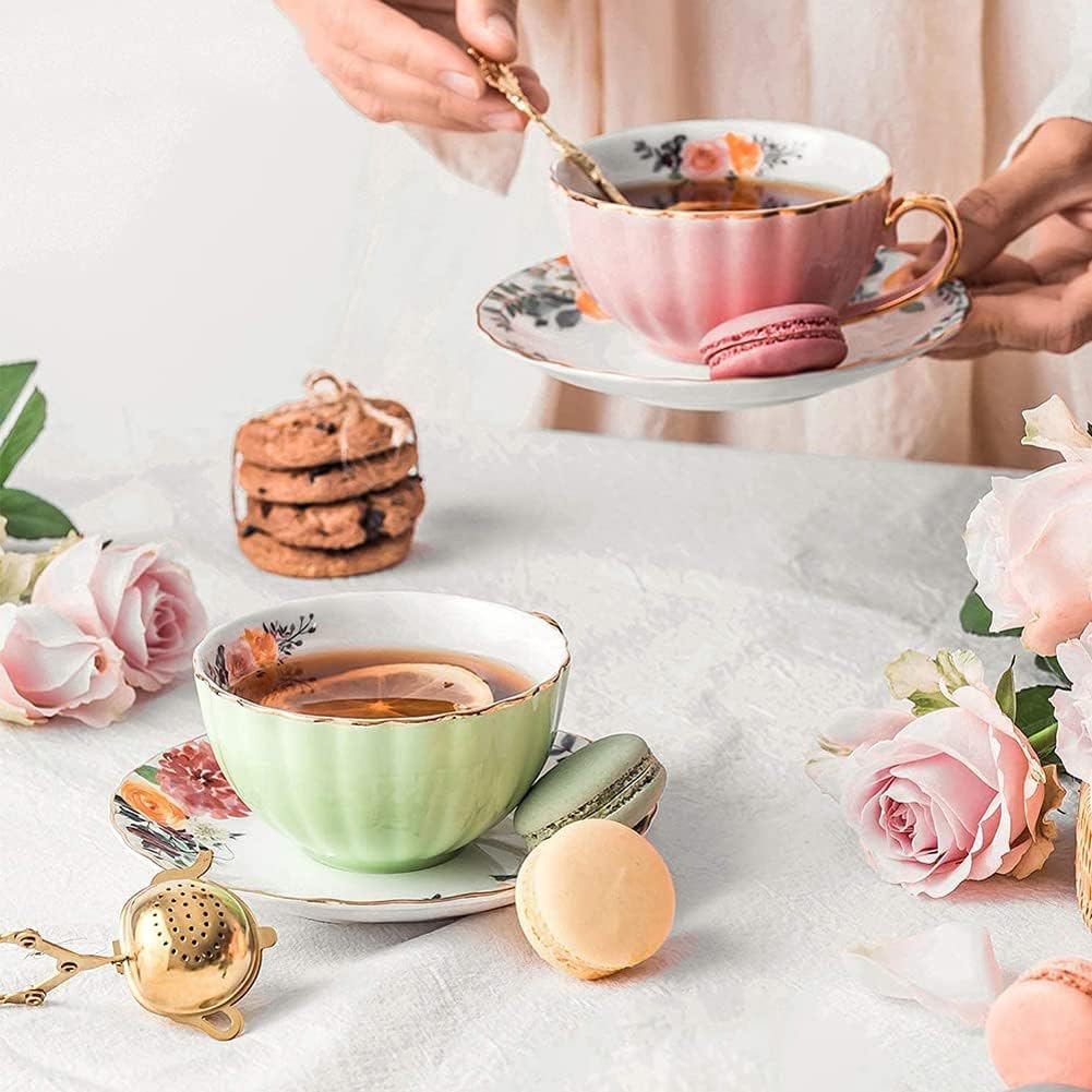 Porzellan Teetasse mit Untertassen und Löffel, 2 Satz von 8 oz Floral Kaffeetasse mit Goldrand Halte