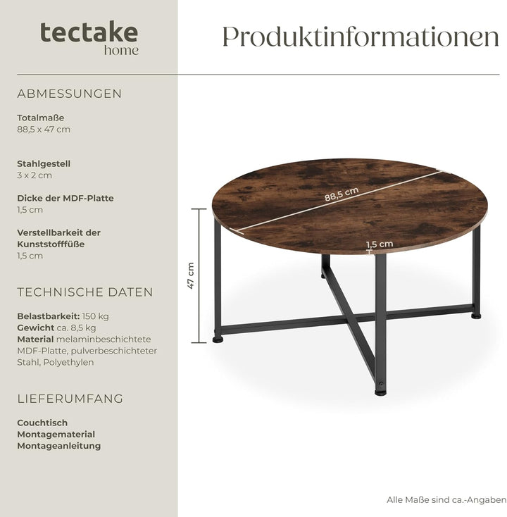 tectake® Couchtisch rund Holz und Metall, Beistelltisch rund, runder Tisch Wohnzimmer, Sofatisch, Wo