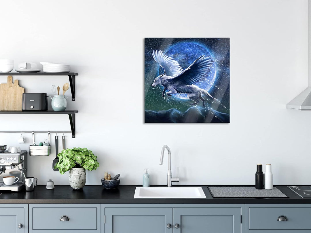 Pixxprint Glasbild | Wandbild auf Echtglas | Wolf mit Flügeln | 40x40 cm | inkl. Aufhängung und Abst