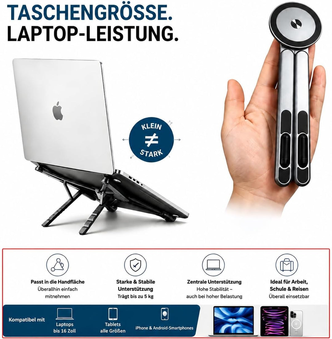 Faltbarer Laptop-Ständer mit N52 Magnet-Handyhalterung, 4-in-1 | Tragbarer Aluminium Computer-Stände
