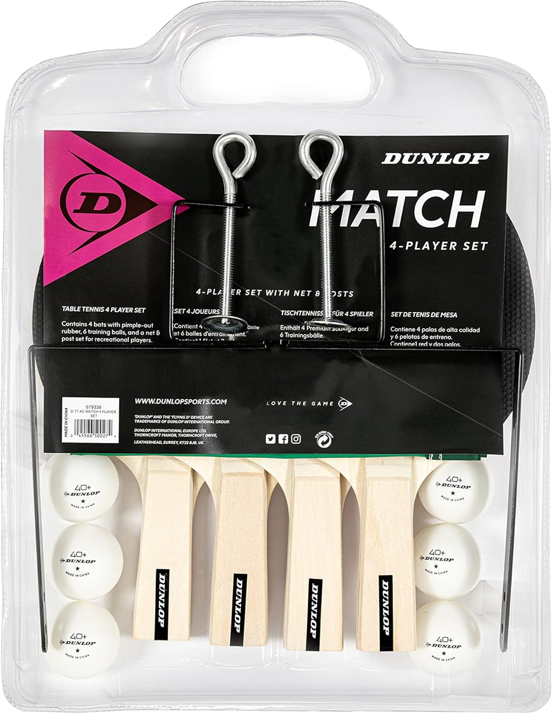 Dunlop Match 4 Player Tischtennis-Set inkl. Vier Schläger, sechs Bälle & Netz