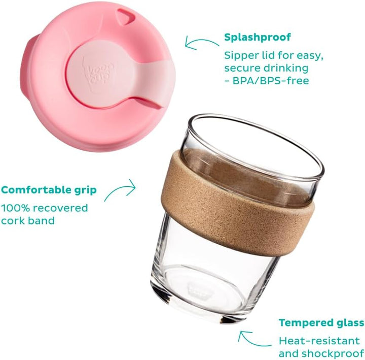 KeepCup Brew Cork, Mehrweg-Glasbecher, spritzwassergeschütz, Medium 12oz 340mls, Schwarz Medium 12oz