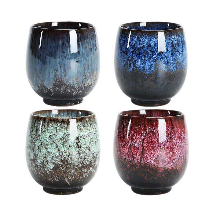 NBCDY Japanische Teetasse, Keramik-Teetassenset, handgefertigtes 4er-Set, mehrfarbige, flammglasiert