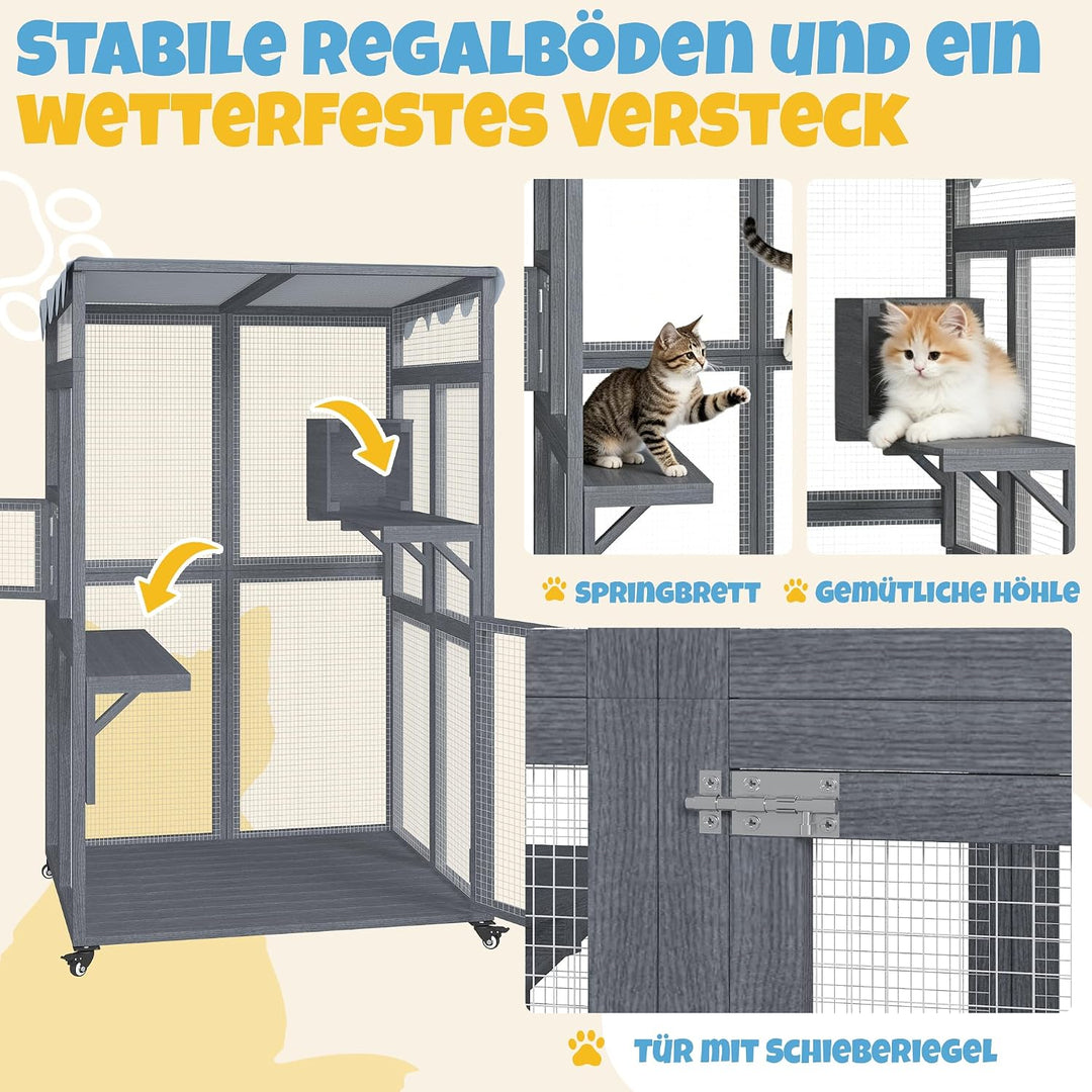 Katzengehege für den Aussenbereich,84x100x165cm | Wasserdicht Seitliche Tür Mobil Klein Katzenhaus