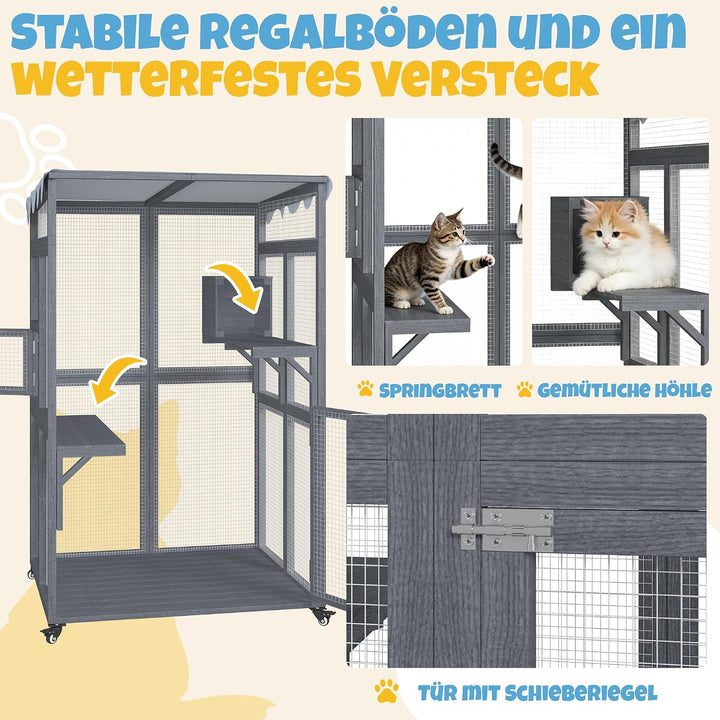 Katzengehege für den Aussenbereich,84x100x165cm | Wasserdicht Seitliche Tür Mobil Klein Katzenhaus