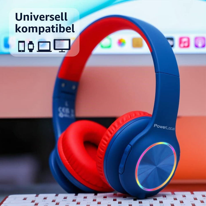PowerLocus Kinderkopfhörer Bluetooth, Kinder Kopfhörer Kabellos mit LED-Leuchten und 94DB Lautstärke