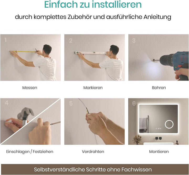 EMKE Badspiegel mit Beleuchtung 80x60cm Badezimmerspiegel mit 3 Lichtfarben dimmbar, Antibeschlag, U