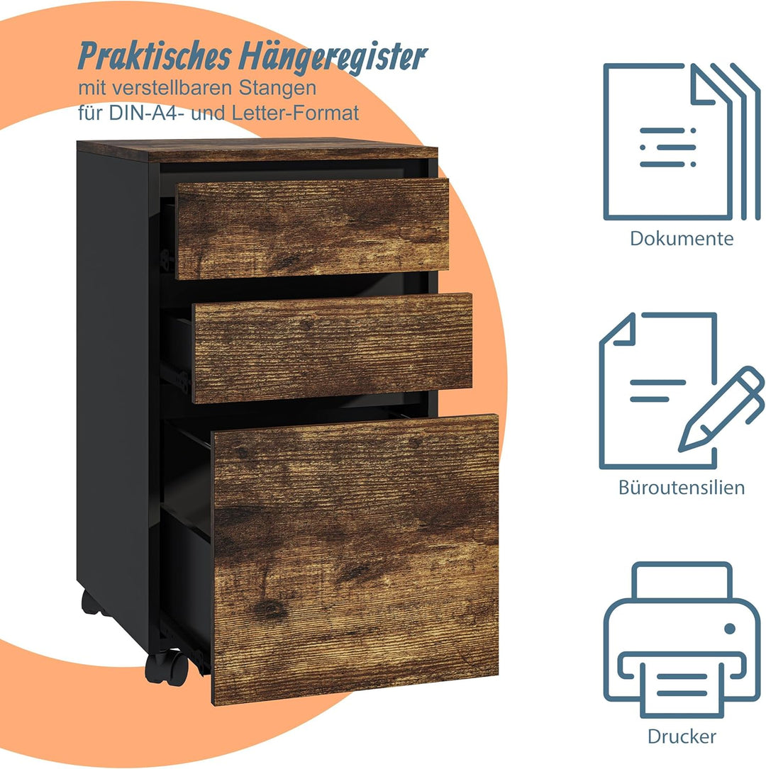 Relaxdays Rollcontainer, 3 Schubladen, Hängeregister, HxBxT: 70 x 40 x 40 cm, Aktenschrank auf Rolle