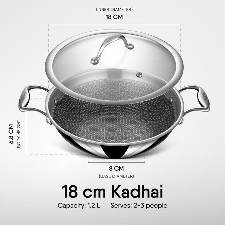 Stahl Triply Kadai mit Deckel, antihaftbeschichtet, Edelstahl, Kadai mit Induktionsboden, dreilagig,