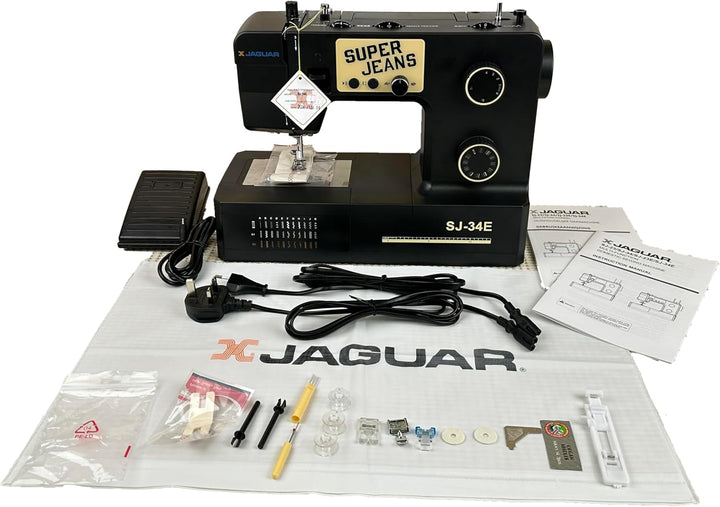 Jaguar SJ-34E Robuste Nähmaschine für dicke Stoffe | 34 Stiche | Elektronik | Erweiterungstisch | Au