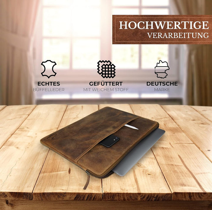 Fa.Volmer ® 15,6 Zoll Laptop Hülle aus edlem Büffelleder - braun - mit Metall-Reissverschluss - gepo