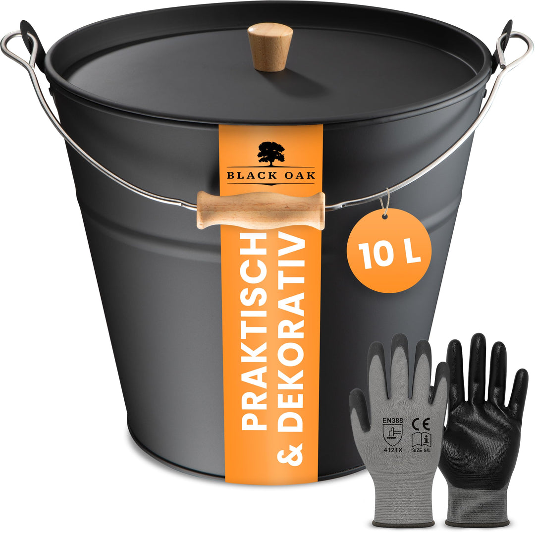 BLACK OAK Ascheeimer Fuego 10L - schwarz mit Deckel mit Holz-Griff & Handschuhen - 10L gross Stahl f