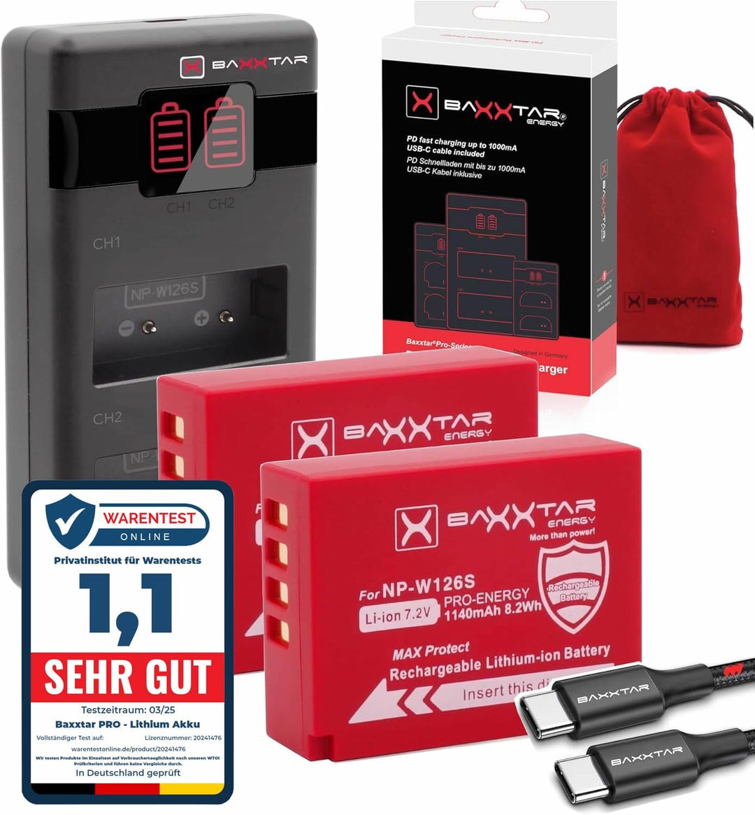 Baxxtar NP-W126s NP-W126 Akku-Pack MaxProtect (1140mAh) mit aktivem NTC-Sensor und V1 Schutzgehäuse