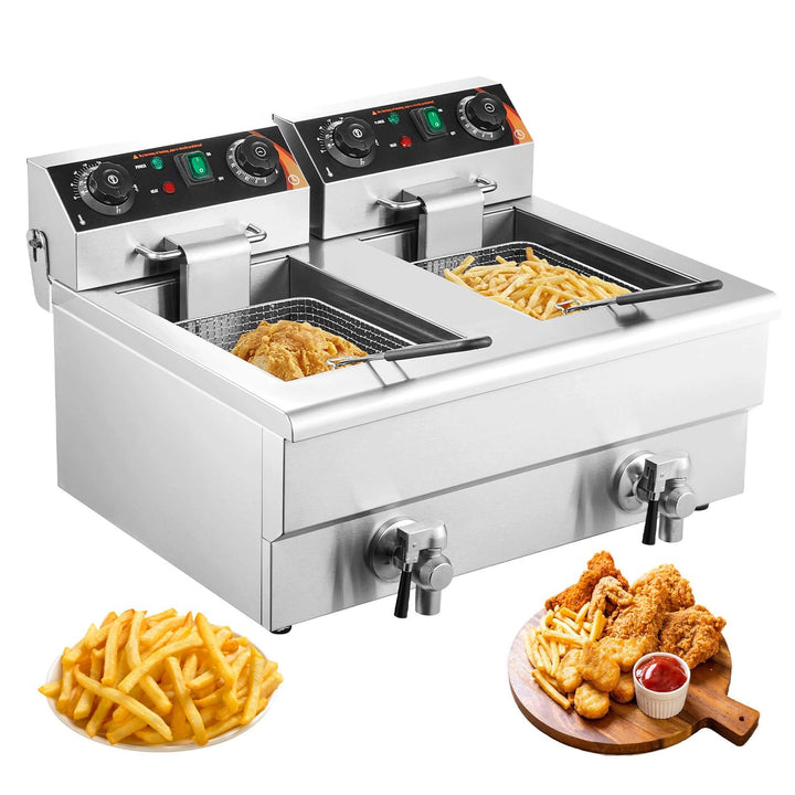 3 KW elektrische Tischfritteuse mit Doppeltank 2×11 L aus Edelstahl, Temperatur- & Zeitregulierung f