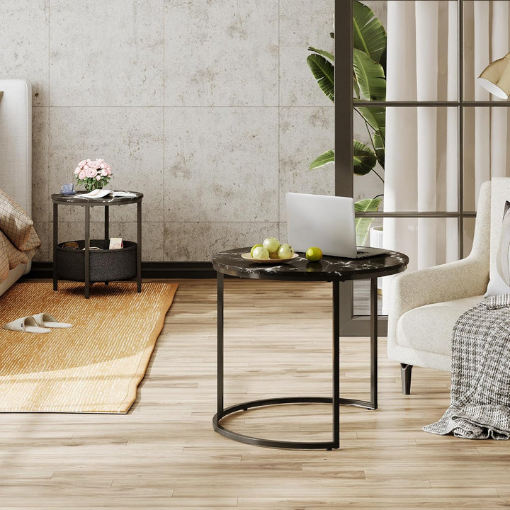 WLIVE Couchtisch Rund mit Stauraum, Beistelltisch Set Schwarz mit Metallrahmen, Wohnzimmertisch klei