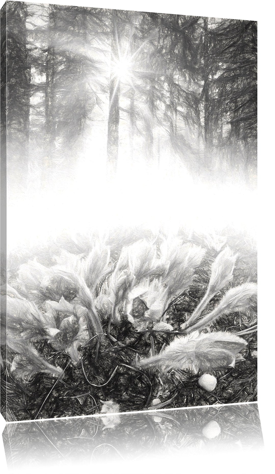 Pixxprint blühende lila Blumen im Wald Kunst Kohle Effekt, Format: 100x70 auf Leinwand, XXL riesige