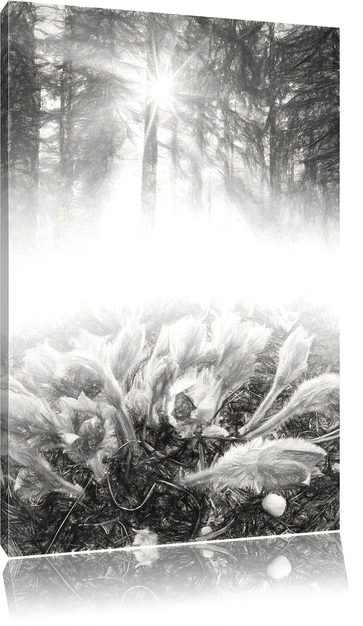 Pixxprint blühende lila Blumen im Wald Kunst Kohle Effekt, Format: 100x70 auf Leinwand, XXL riesige